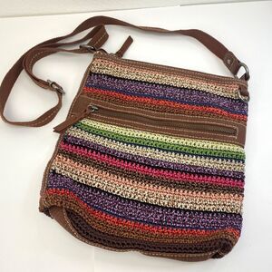 The Sak Crochet Multicolored Boho Crossbody Bag Zip Canvas Strap Large Pockets